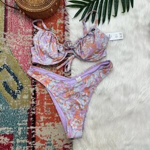 NEW Hollister Purple Orange Floral Print High Leg Two Piece Bikini Swimsuit XL/L
